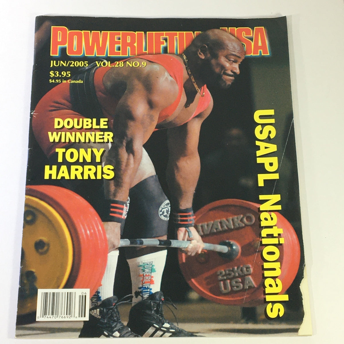 Cover of Powerlifting USA magazine, June 2005, Vol 28 No 9, featuring Tony Harris at the USAPL National Masters event, showcasing a strongman preparing to lift weights with a large barbell.