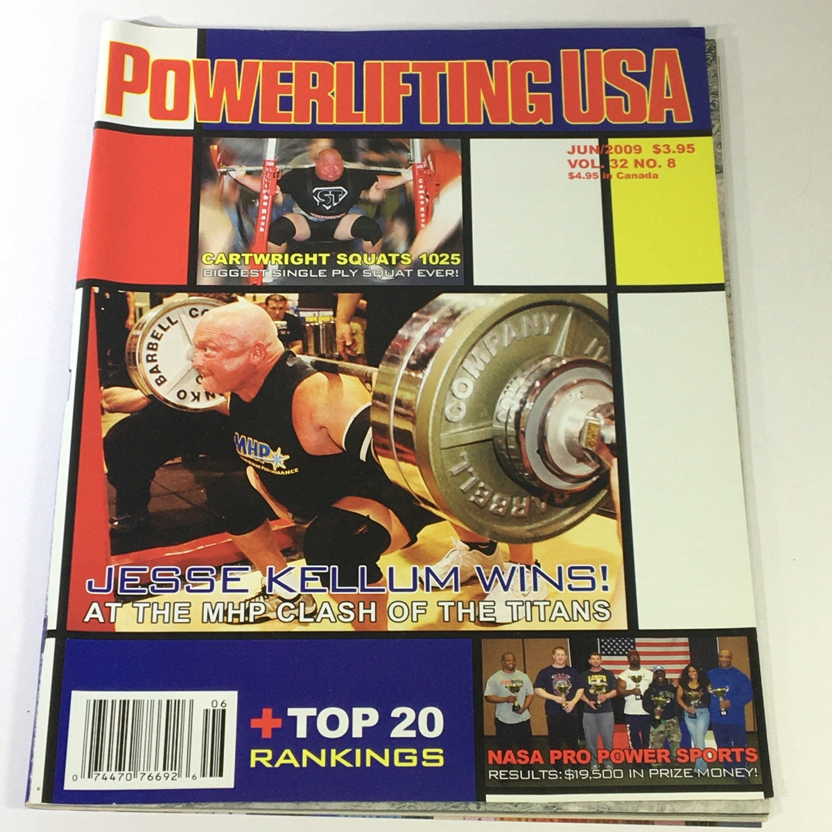 Cover of Powerlifting USA June 2009 Vol 32 #8 featuring Jesse Kellum winning at the MHP Clash of the Titans, showcasing competitive weightlifting and highlights from the event.