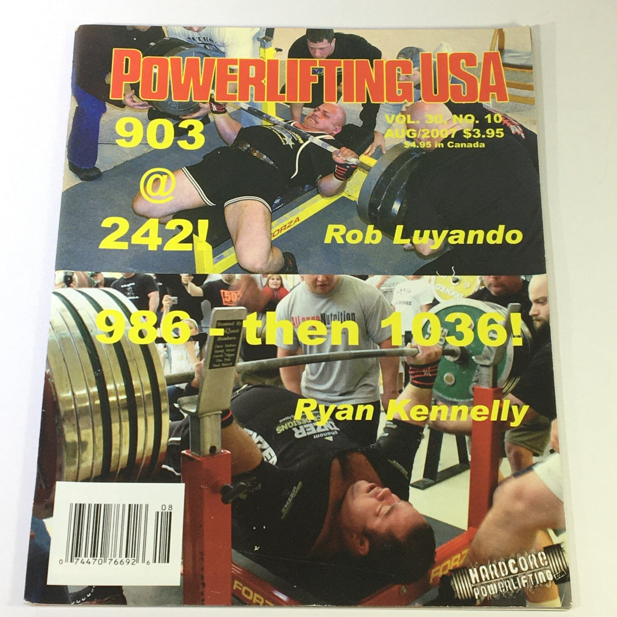Cover of Powerlifting USA August 2007 Vol 30 #10 featuring Ryan Kennelly and Rob Luyando, showcasing notable powerlifting achievements.