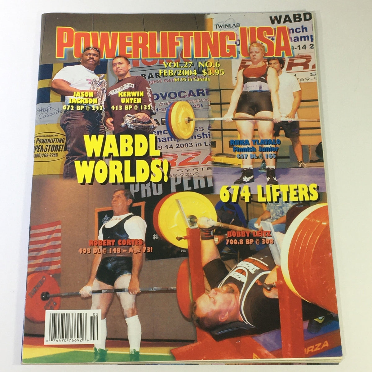 Cover of Powerlifting USA February 2004 Vol 27 #6 featuring Jason Jackson, Kerwin Unten, and Riika Ylatalo, showcasing powerlifting events at WABDL Worlds, with emphasis on competitors and lifting equipment.