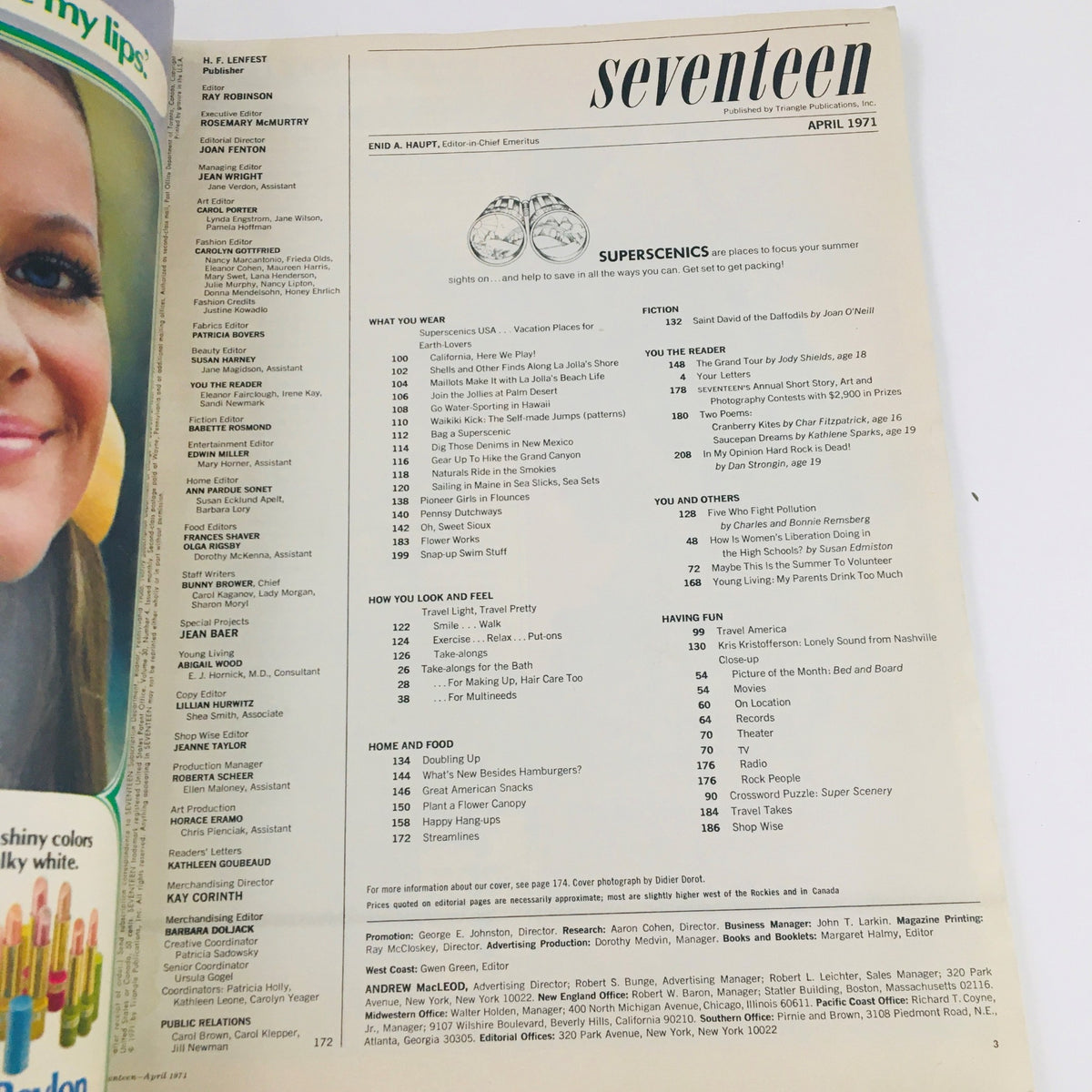 Interior page of the April 1971 Seventeen Magazine showcasing the table of contents and highlighting various features, including Kris Kristofferson's 'Lonely Sound' section.