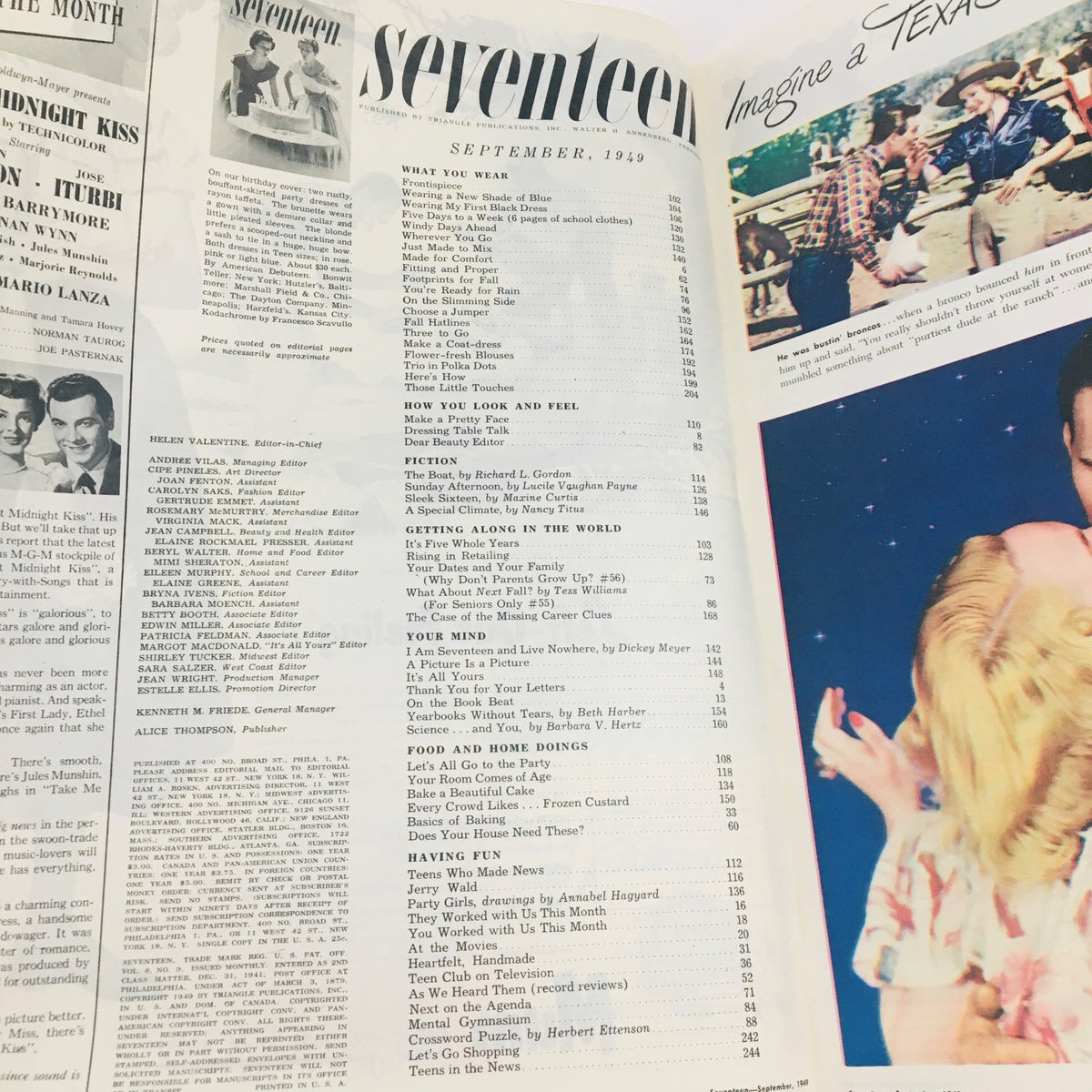 Interior view of Seventeen Magazine September 1949, displaying the contents page with various articles and topics relevant to fashion and lifestyle from the late 1940s.