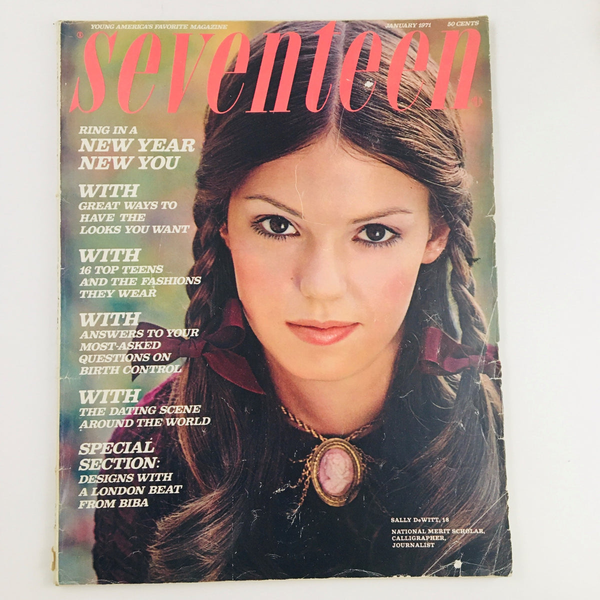 Seventeen Magazine January 1971 cover featuring a young woman with long, braided hair and a necklace, showcasing retro fashion and beauty from the early '70s.