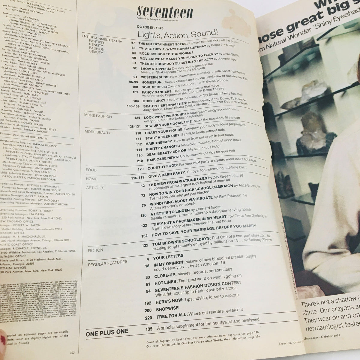 Inside page of Seventeen Magazine October 1973 displaying the table of contents, indicating articles and features relevant to the era.