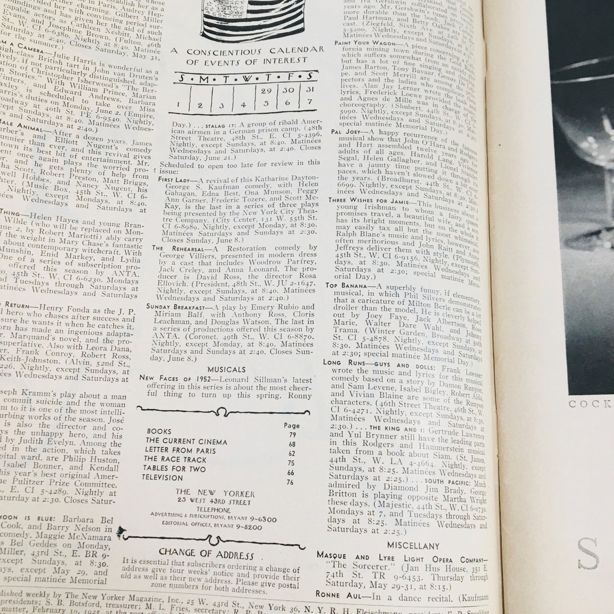 Interior page of The New Yorker Magazine May 31 1952, featuring a calendar of events and articles from the magazine.