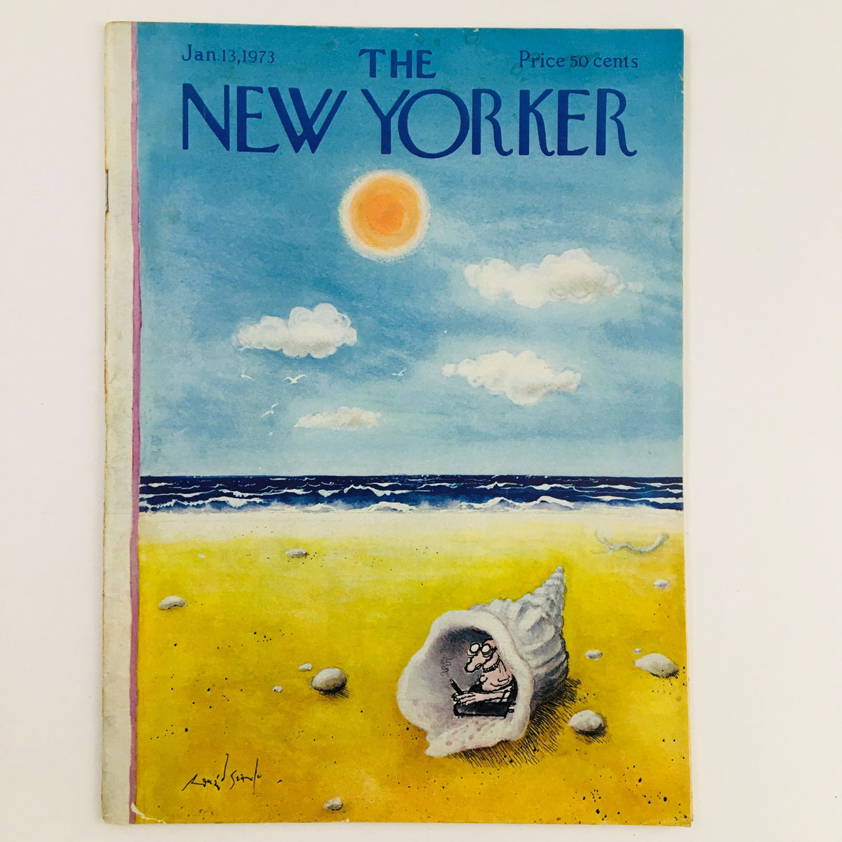 The New Yorker Magazine January 13 1973 cover featuring whimsical artwork by Ronald Searle, depicting a figure inside a giant shell on a beach with a bright sun and colorful sky.
