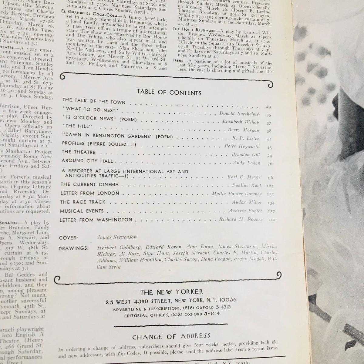 Table of Contents from The New Yorker Magazine March 24 1973, showcasing articles and features, with cover design by James Stevenson.