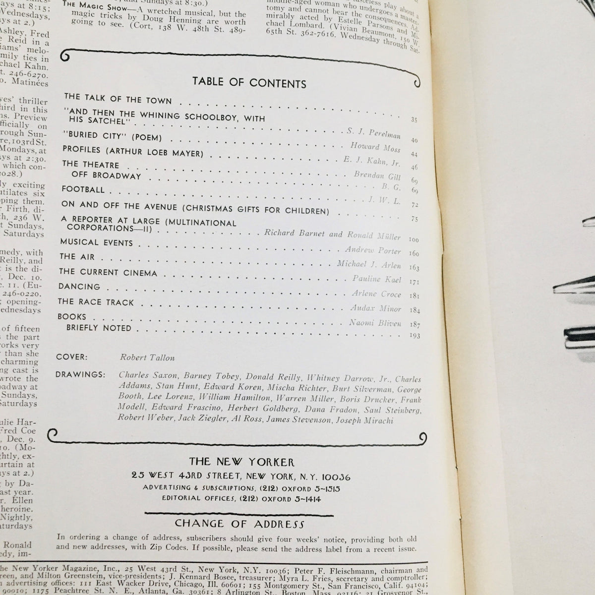 Inside page of The New Yorker Magazine from December 9, 1974, featuring the Table of Contents for the issue with articles and contributions. The cover art by Robert Tallon is included, offering a glimpse into the magazine's content and layout.