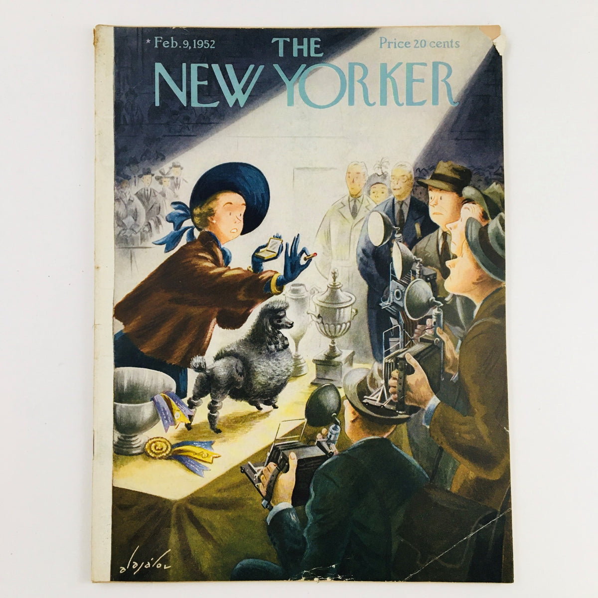The New Yorker Magazine February 9 1952 Theme Cover featuring a scene with a young girl presenting a trophy, surrounded by photographers and a poodle, illustrated by Constantin Alajalov.
