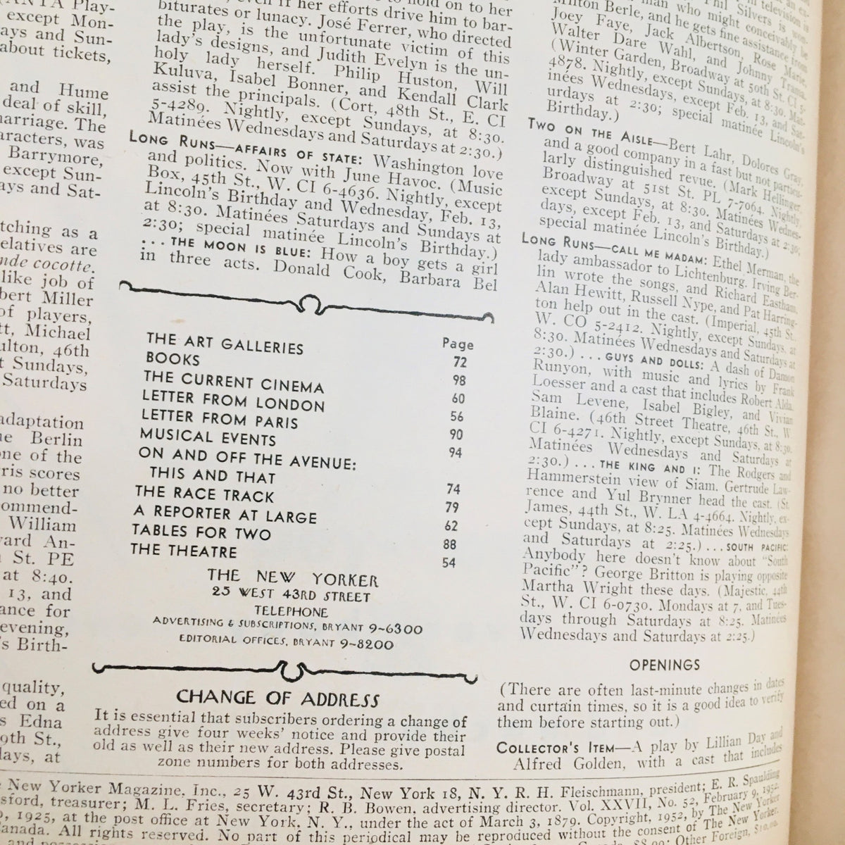 Interior page of The New Yorker Magazine February 9 1952 featuring the table of contents and articles, showcasing the magazine's vintage layout and artistic design.