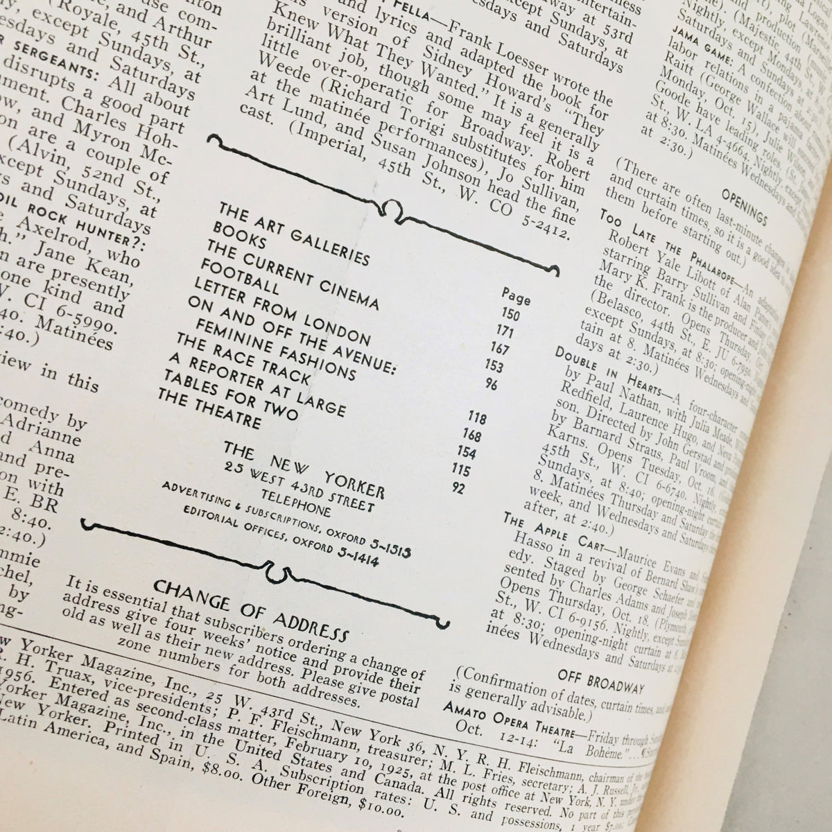 Interior page of The New Yorker Magazine from October 13, 1956, showcasing the table of contents layout, with listed articles and features, providing a glimpse into the magazine's rich content.