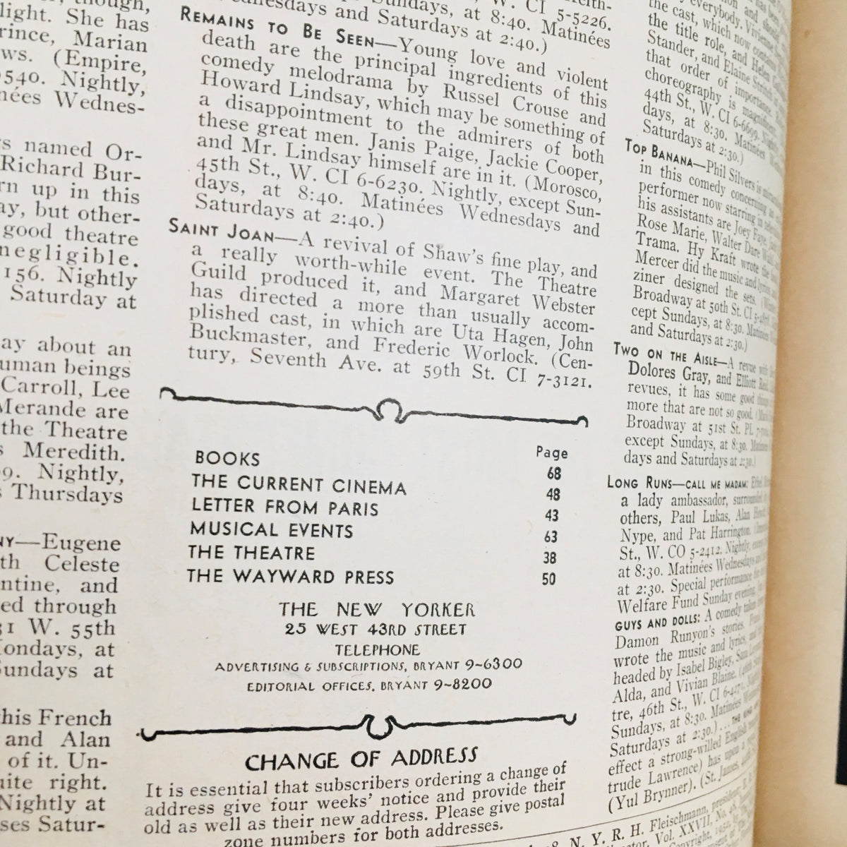 Interior page of The New Yorker Magazine January 12, 1952, displaying listings and events, providing insight into the cultural landscape of the 1950s.