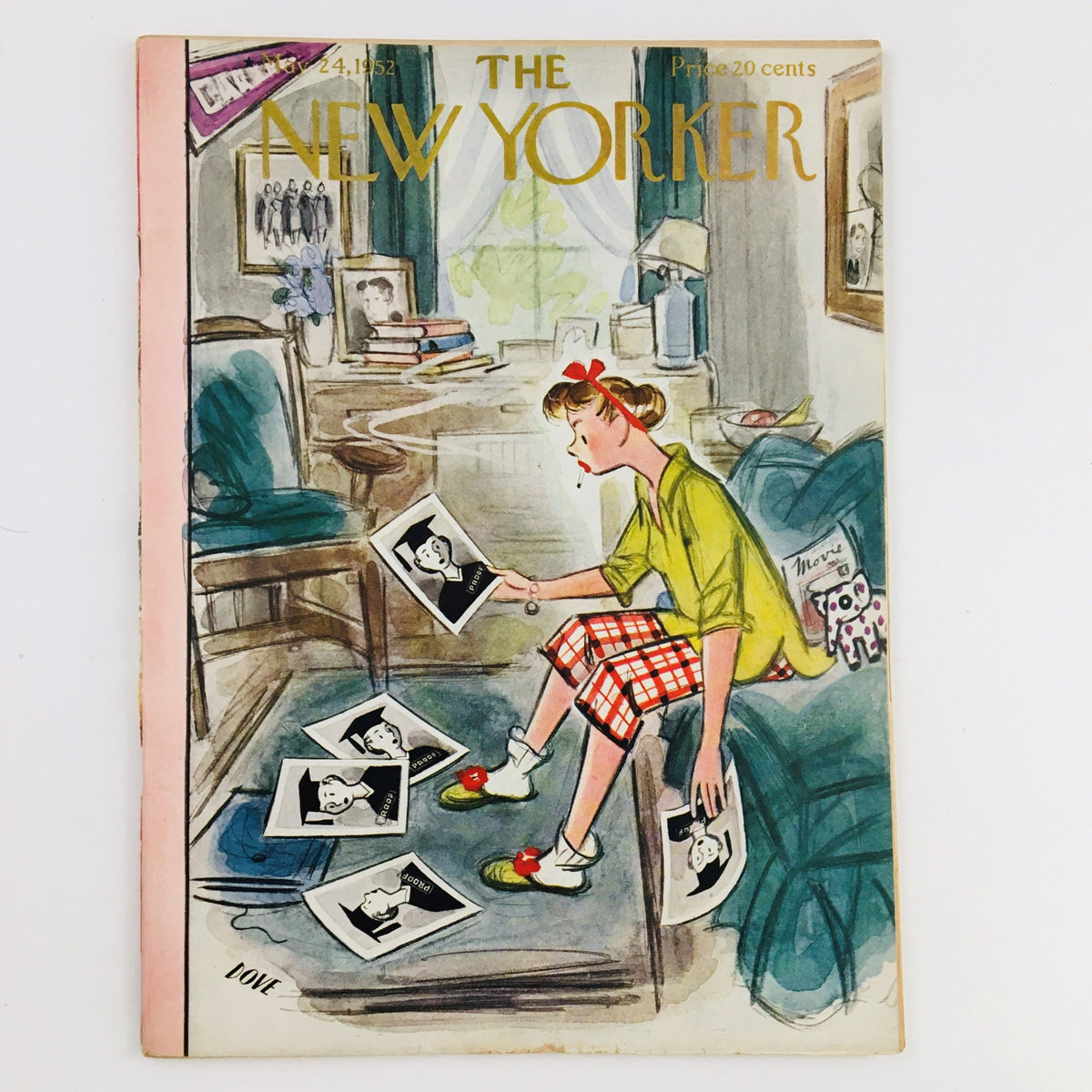 The New Yorker Magazine May 24 1952 theme cover illustration by Leonard Dove, showcasing a girl sitting with various illustrations on the floor, embodying vintage artistic charm.