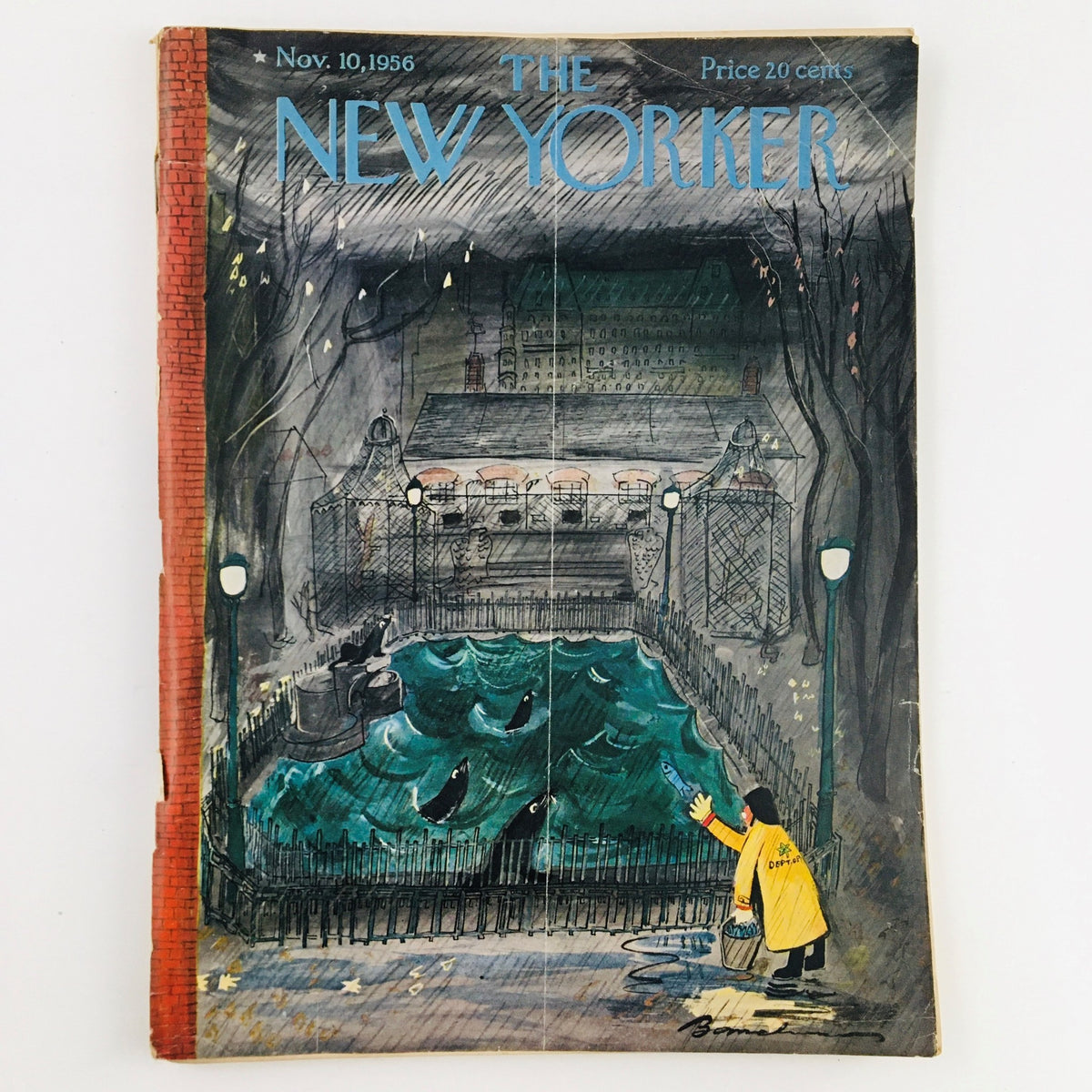 The New Yorker Magazine November 10 1956 Theme Cover by Ludwig Bemelmans featuring an illustrated scene of a rainy park with a child feeding seals.