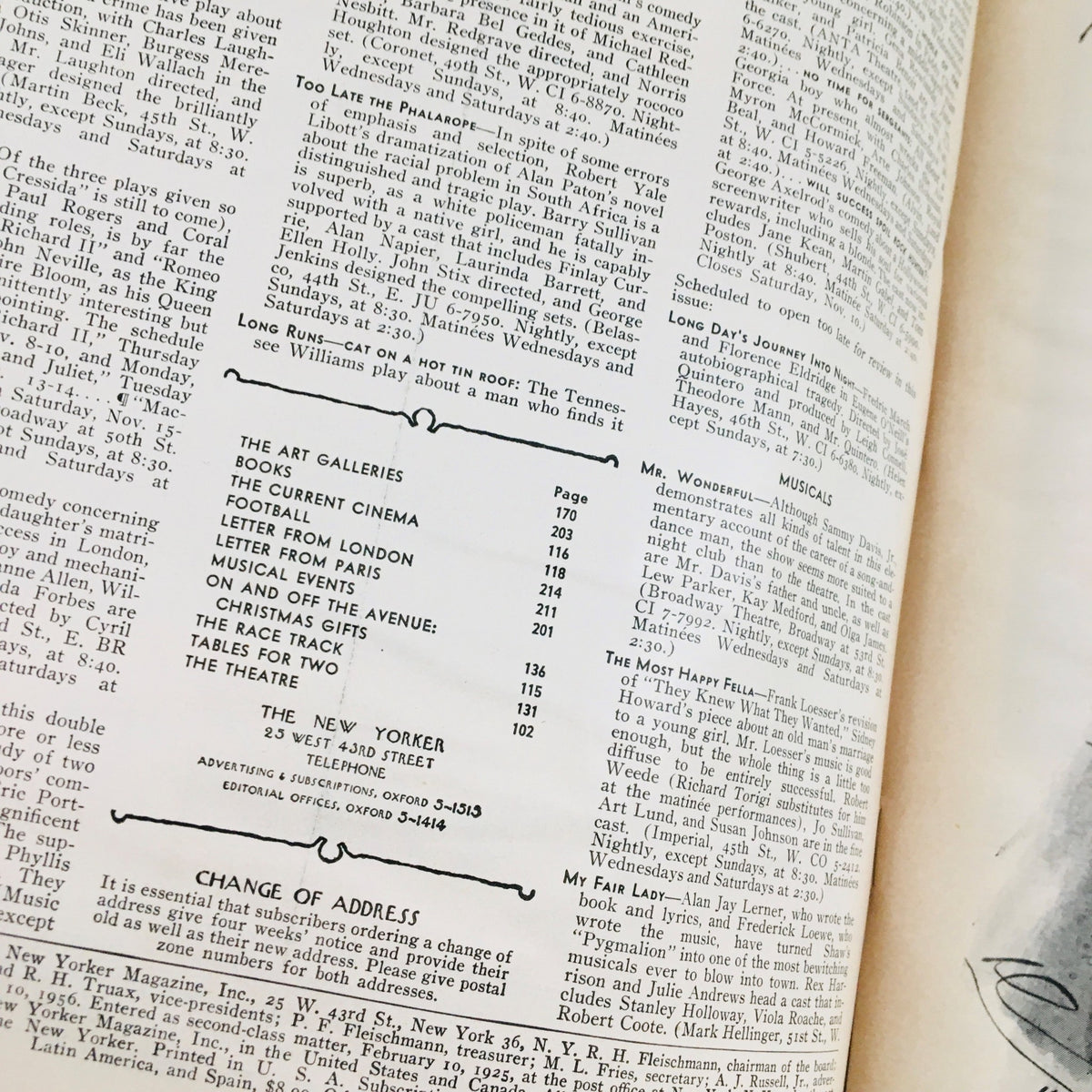 Inside page of The New Yorker Magazine from November 10, 1956 featuring a table of contents, showcasing articles and cultural insights from the era.