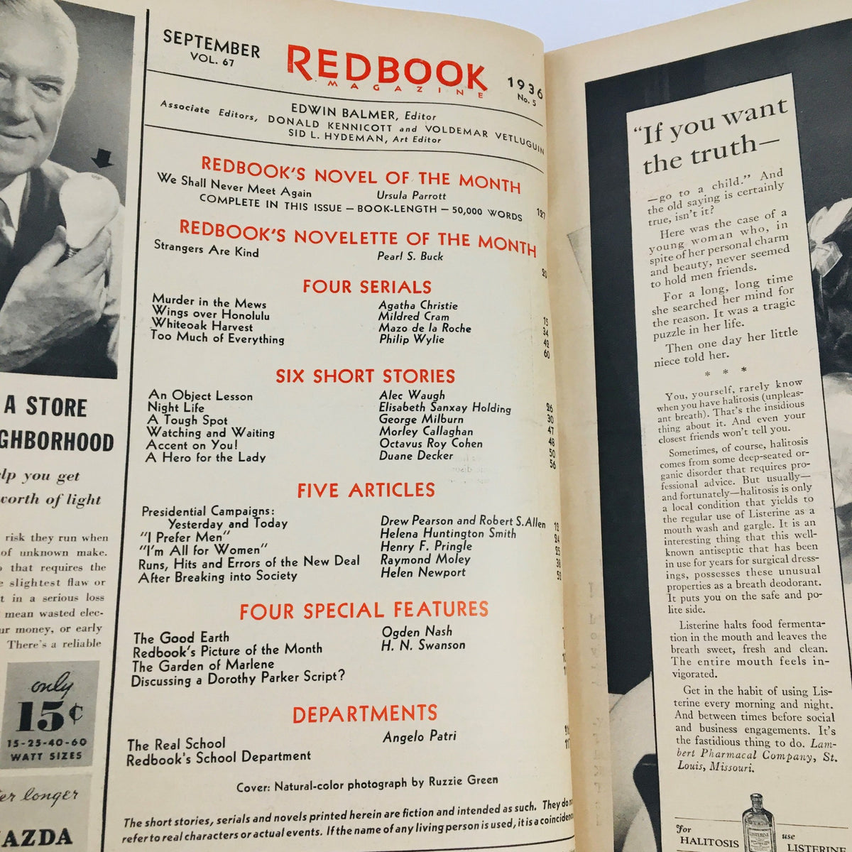 Interior page of Redbook Magazine September 1936 listing its articles, stories, and features, showcasing the magazine's diverse content and cultural significance during the 1930s.