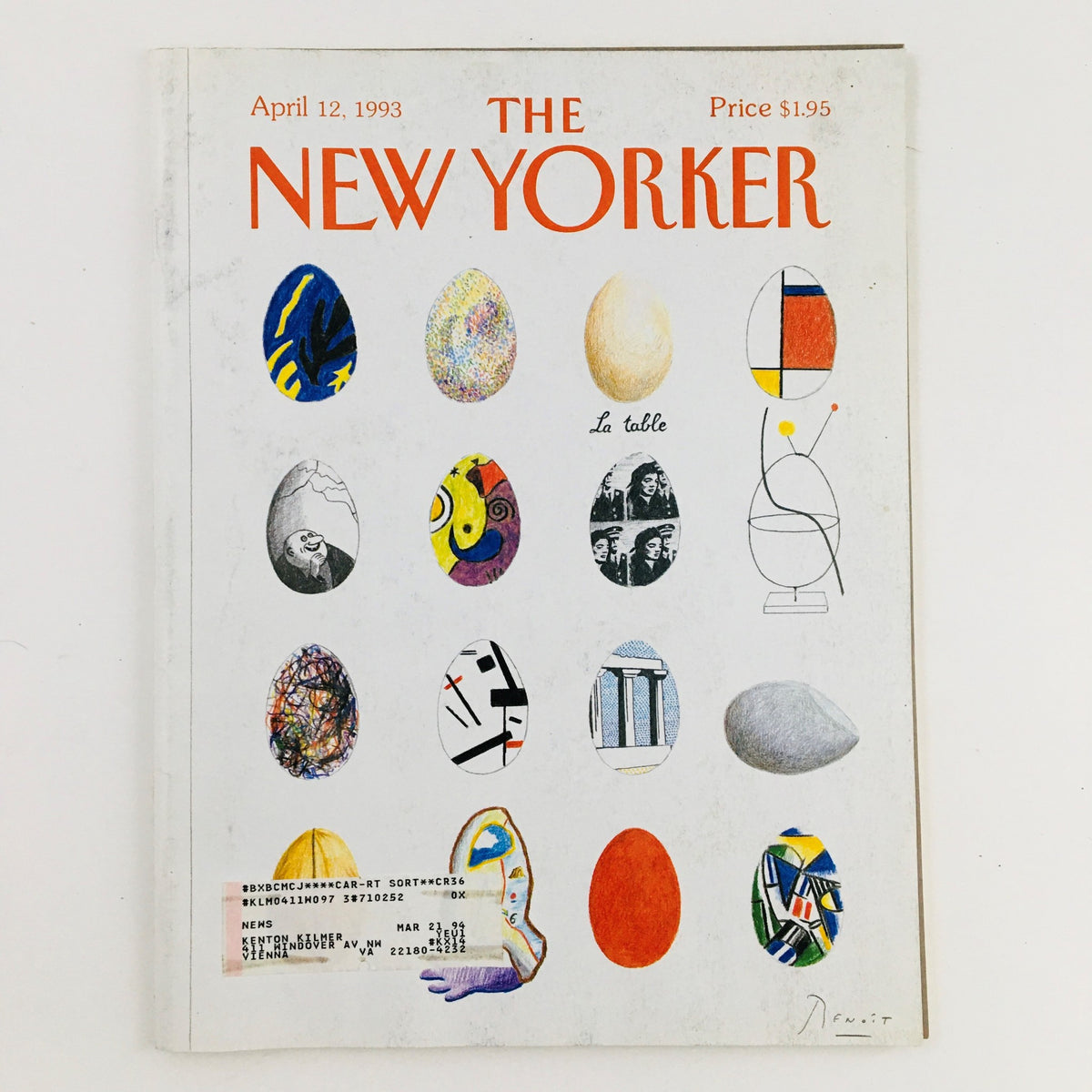 Cover of The New Yorker Magazine April 12 1993 featuring a collage of decorated eggs and the title 'The New Yorker' at the top, highlighting the theme 'Shell Games'.