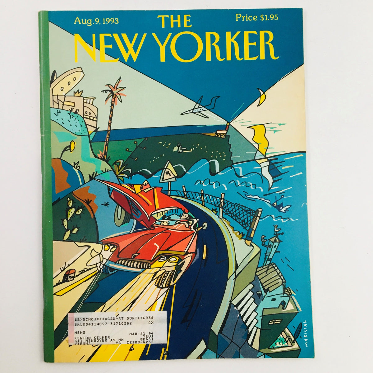 The New Yorker Magazine cover from August 9, 1993, featuring a colorful illustration themed 'The Ocean' by artist Mariscal, showcasing a vibrant coastal scene with a red car on a winding road.