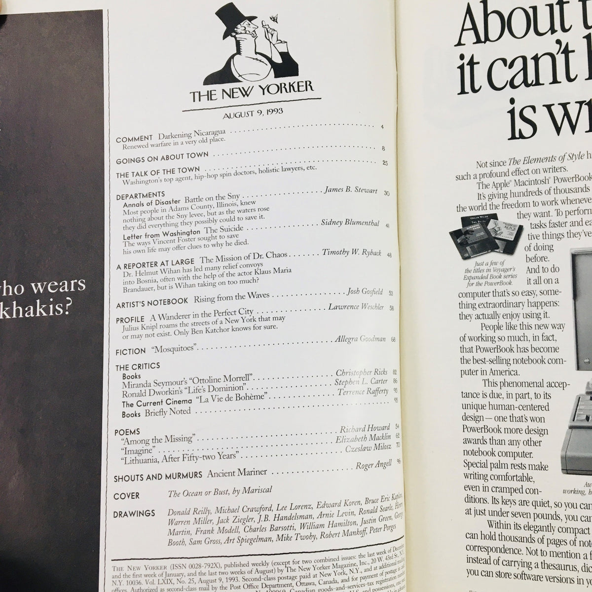 Interior page of The New Yorker Magazine, August 9, 1993, displaying the table of contents with featured articles, including 'The Ocean or Burst' by Mariscal and various literary pieces.