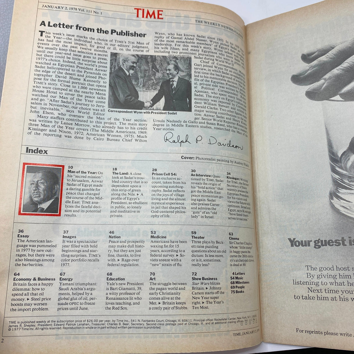 Inside page of VTG Time Magazine January 2, 1978, including the index section and a mention of Anwar El-Sadat as Man of the Year, reflecting significant political changes.
