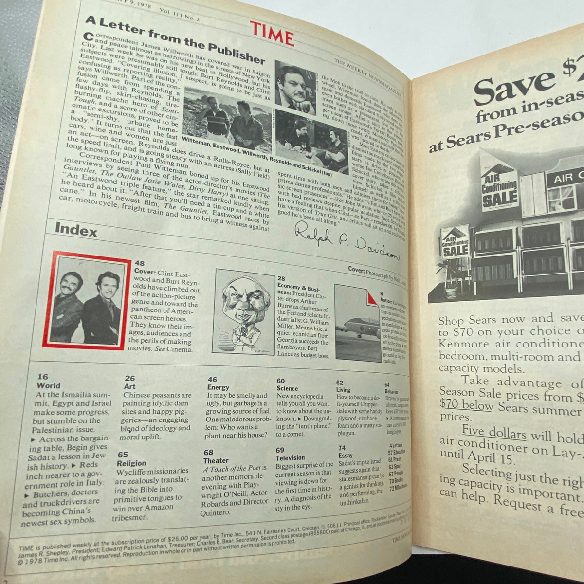 Inside page of the Time Magazine from January 9, 1978, displaying an index and a letter from the publisher, featuring Burt Reynolds and Clint Eastwood.