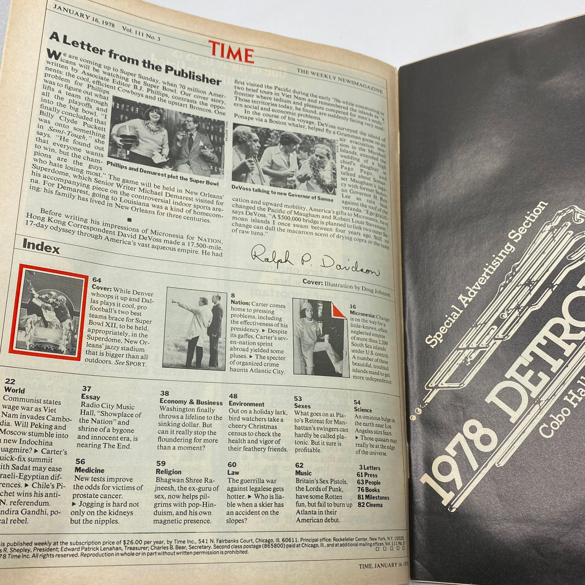 Interior page of VTG Time Magazine January 16, 1978, showing the index section with features related to Super Bowl XII between Denver Broncos and Dallas Cowboys.
