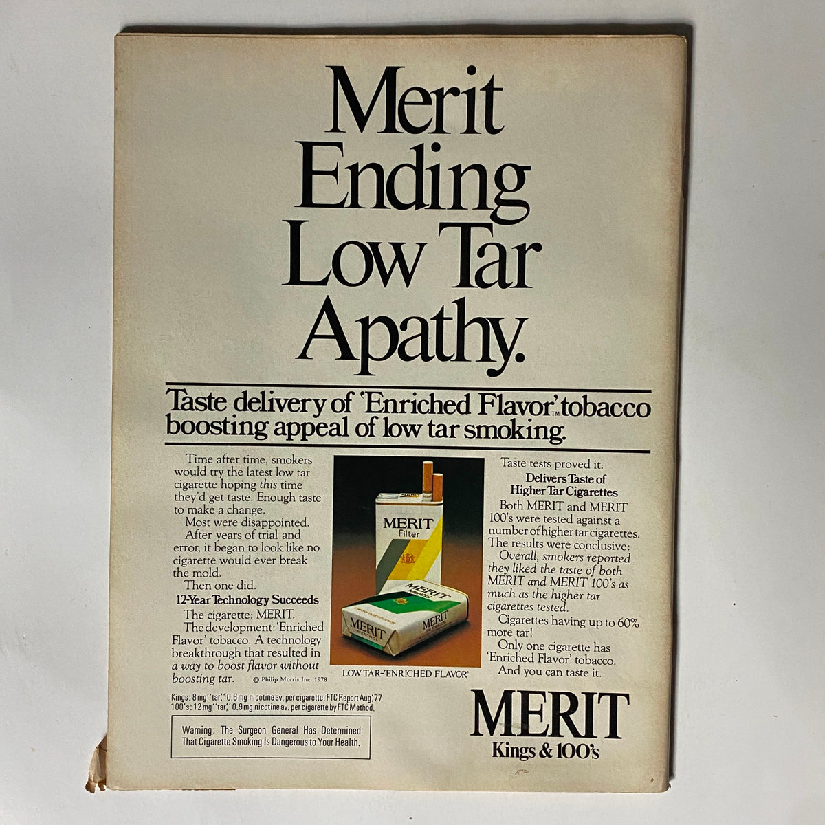Advertisement page in VTG Time Magazine January 16, 1978, promoting Merit cigarettes with the slogan 'Ending Low Tar Apathy'.