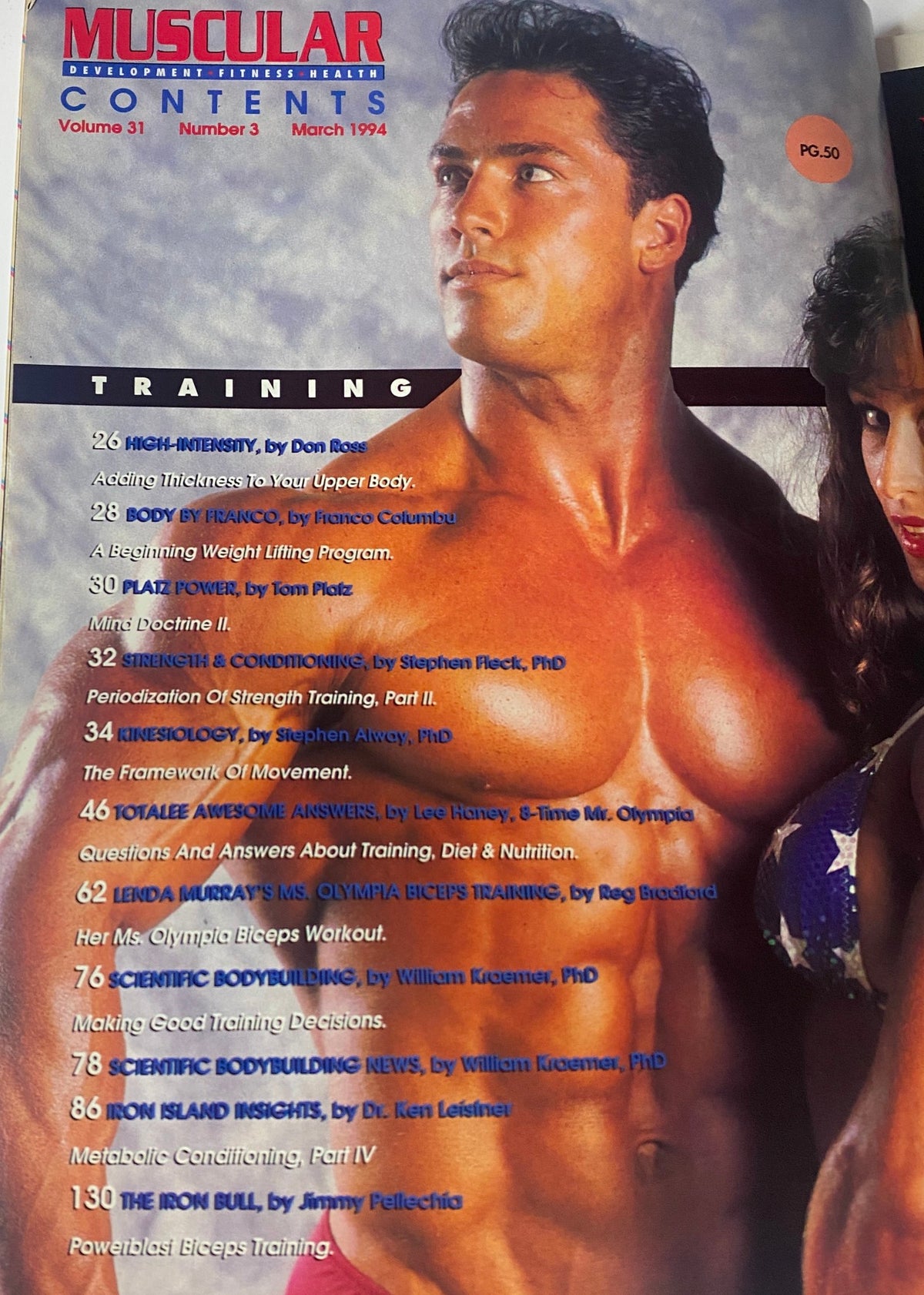 Muscular Development Magazine March 1994 contents page featuring training articles including High Intensity Techniques, Body by Franco, and conditioning topics. Page 50.