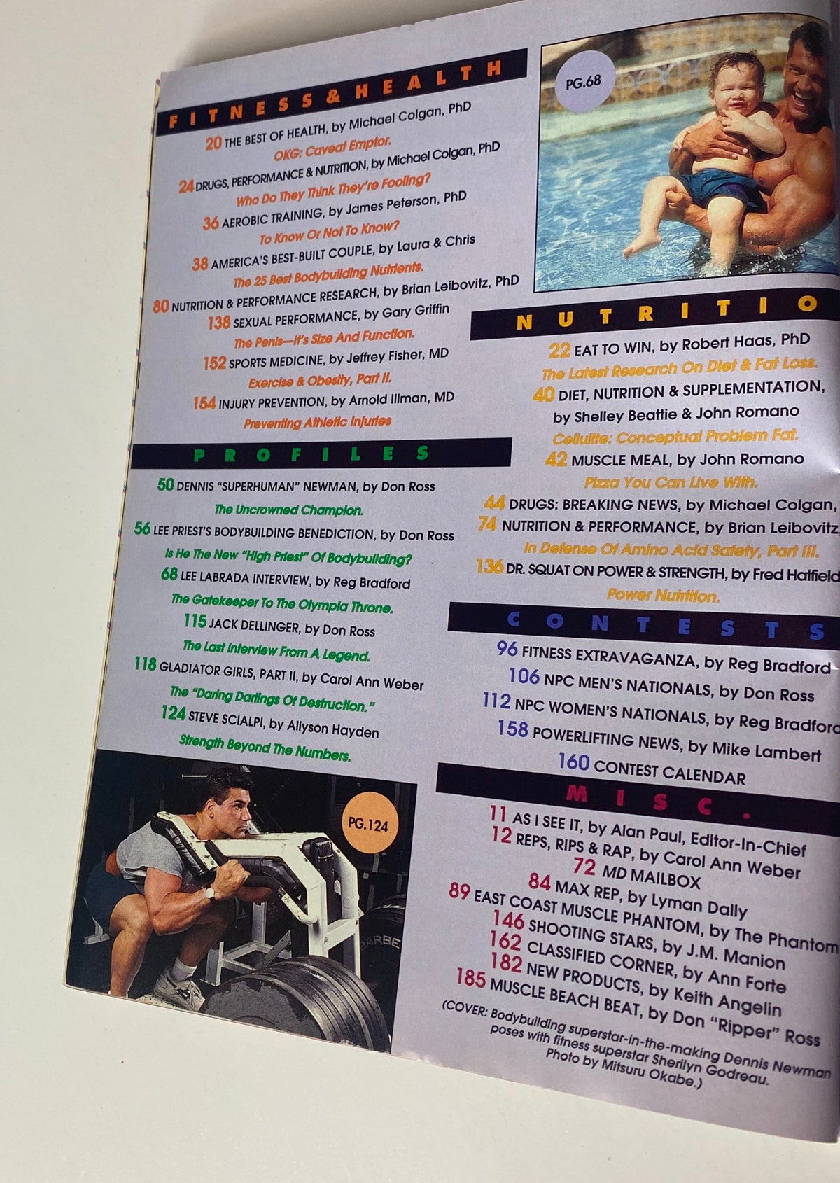 Muscular Development Magazine March 1994 content overview highlighting fitness and health sections with Dennis 'Superhuman' Newman featured. Page 68.