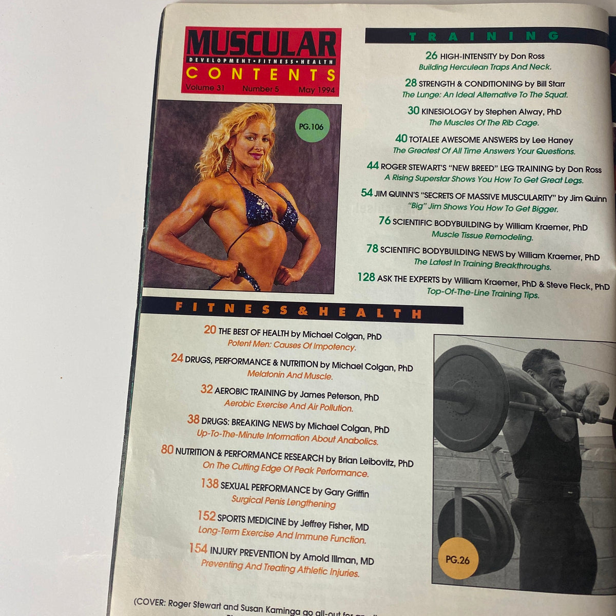 Contents page of Muscular Development Magazine May 1994, detailing articles on training, health, and fitness topics, alongside contributors' insights.