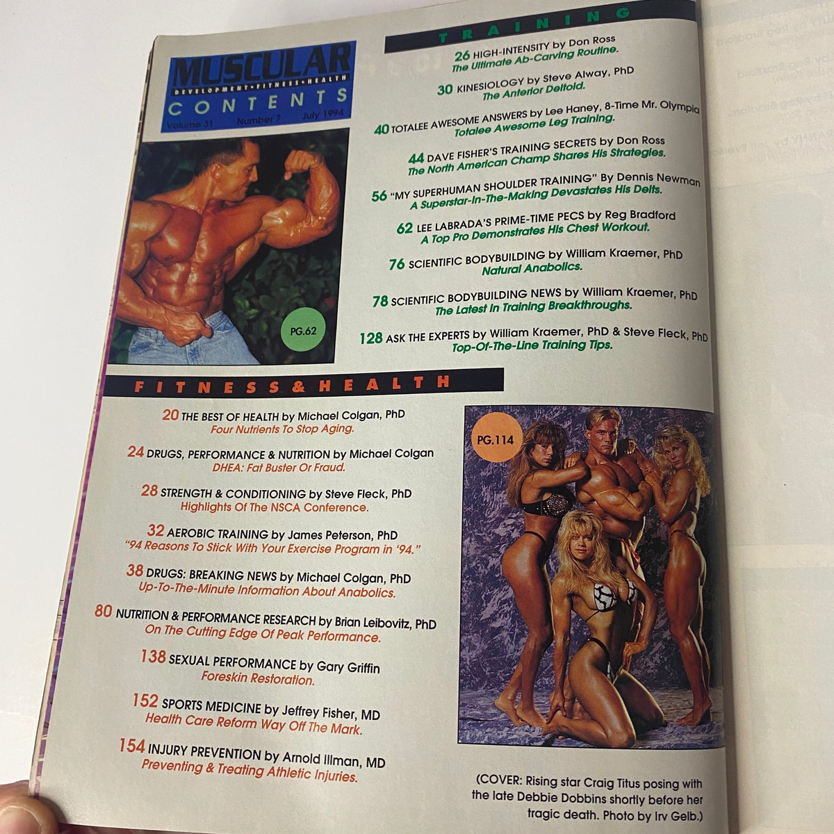 Contents page of Muscular Development Magazine July 1994 outlining featured articles including bodybuilding training tips, nutrition, and fitness health research.