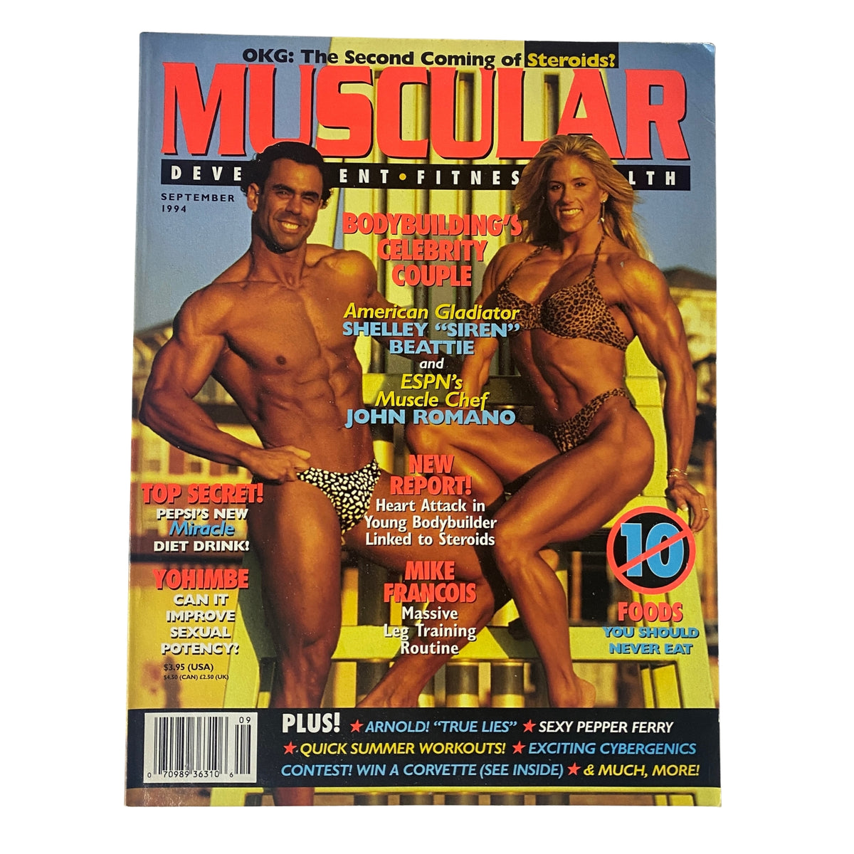 Cover of Muscular Development Magazine September 1994 featuring bodybuilders John Romano and Shelley Beattie, promoting health and fitness with headlines about bodybuilding tips and articles.