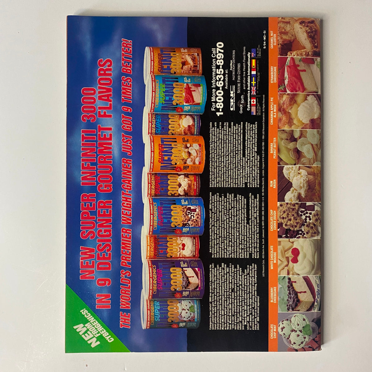 Muscular Development Magazine September 1994 featuring 9 designer gourmet flavors of a supplement, showcasing various flavors in vibrant packaging. The magazine highlights training, nutrition, and fitness, making it a valuable resource for bodybuilding enthusiasts.