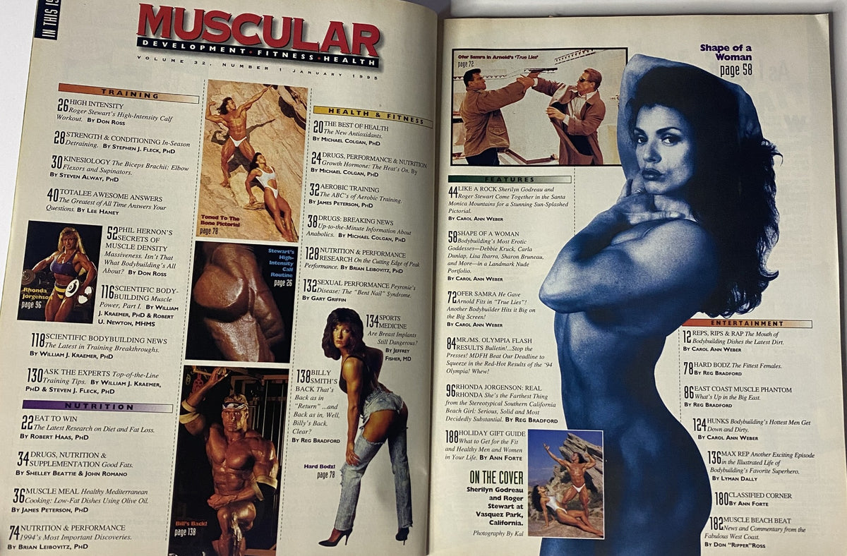 Inside pages of Muscular Development Magazine January 1995 displaying content listings including training, nutrition, and health articles related to bodybuilding.