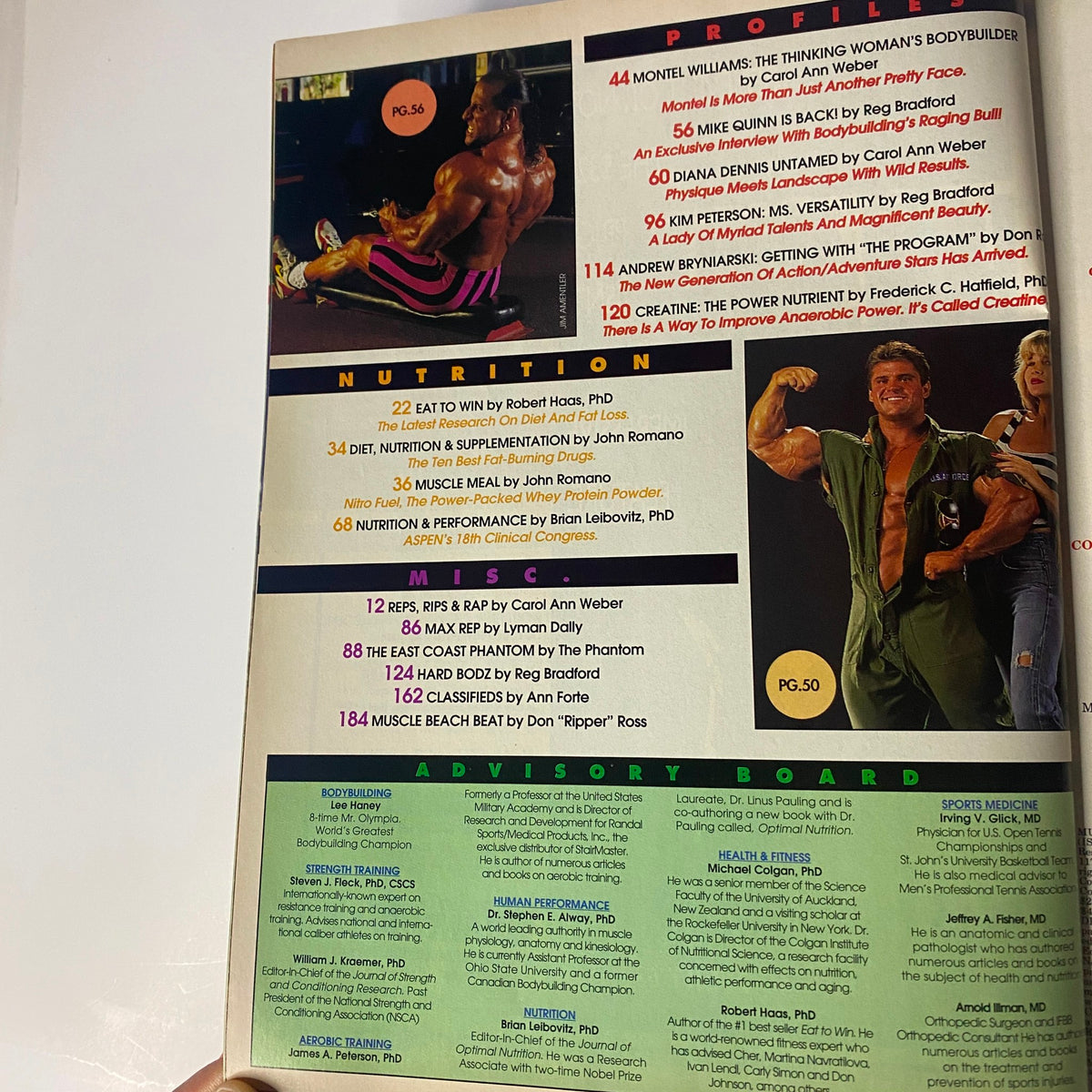 Back cover of Muscular Development Magazine, October 1994, displaying nutritional advice and fitness tips, highlighting Montel Williams's influence in the bodybuilding community.