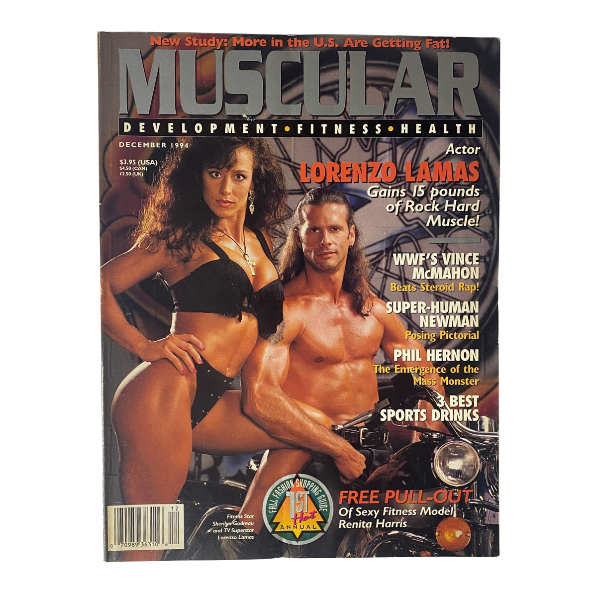 Muscular Development Magazine December 1994 featuring actor Lorenzo Lamas on the cover, showcasing fitness and bodybuilding culture.