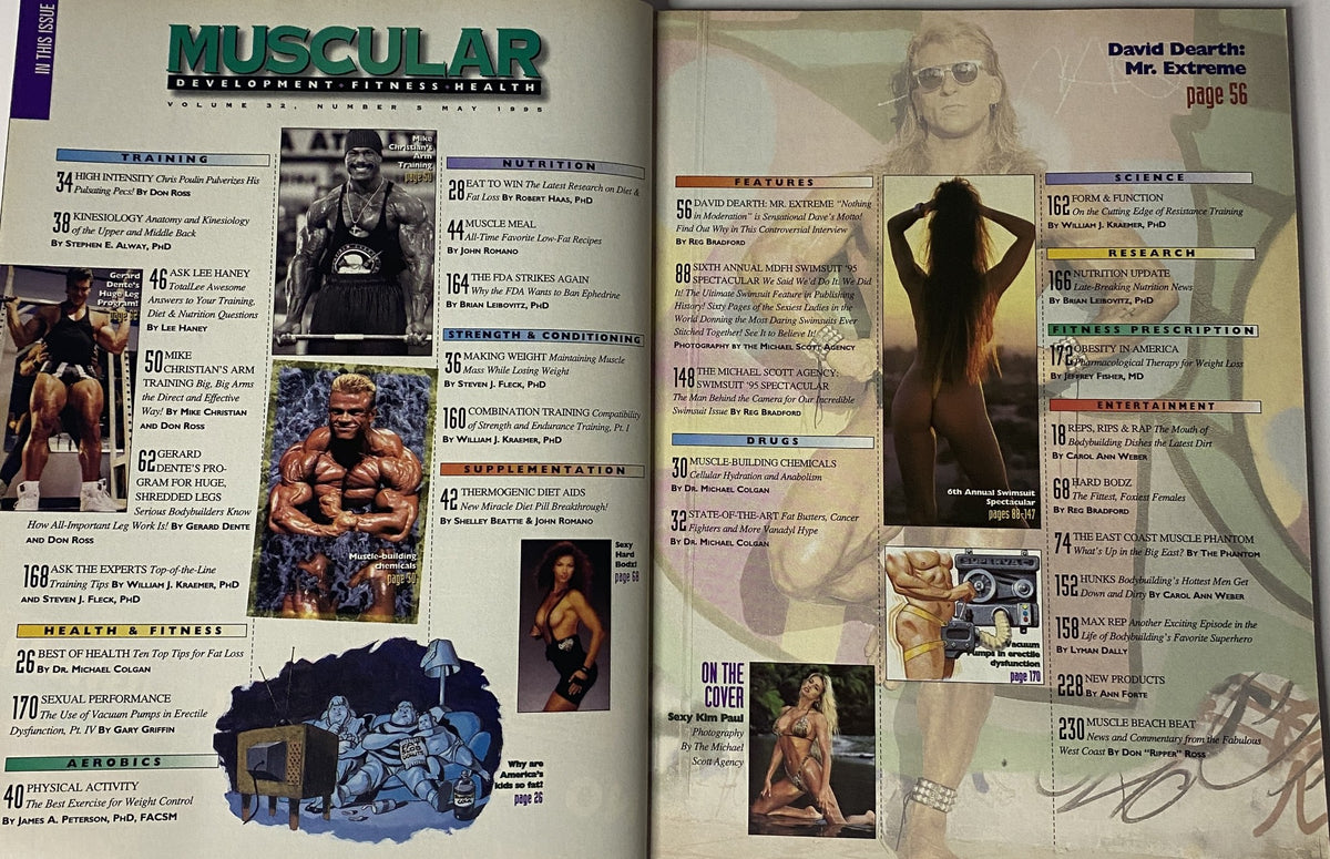 Contents page of Muscular Development Magazine May 1995, highlighting articles on training, science, and health, featuring notable bodybuilders and fitness experts.