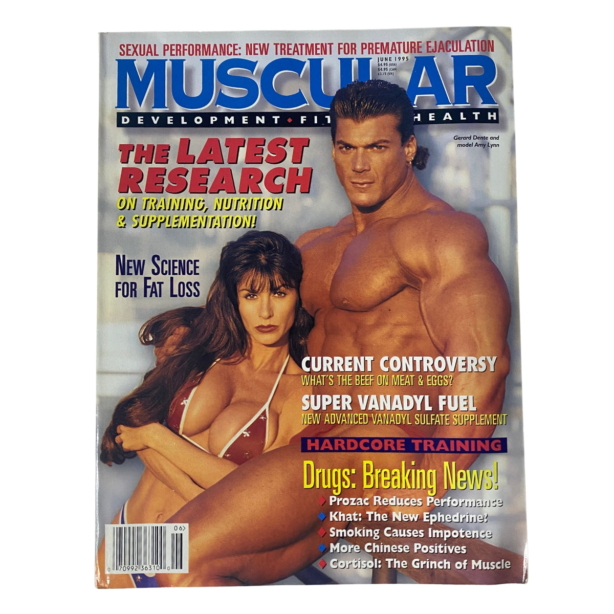 Muscular Development Magazine June 1995 cover featuring Gerard Dente and Amy Lynn, showcasing fitness tips on training, nutrition, and supplementation.