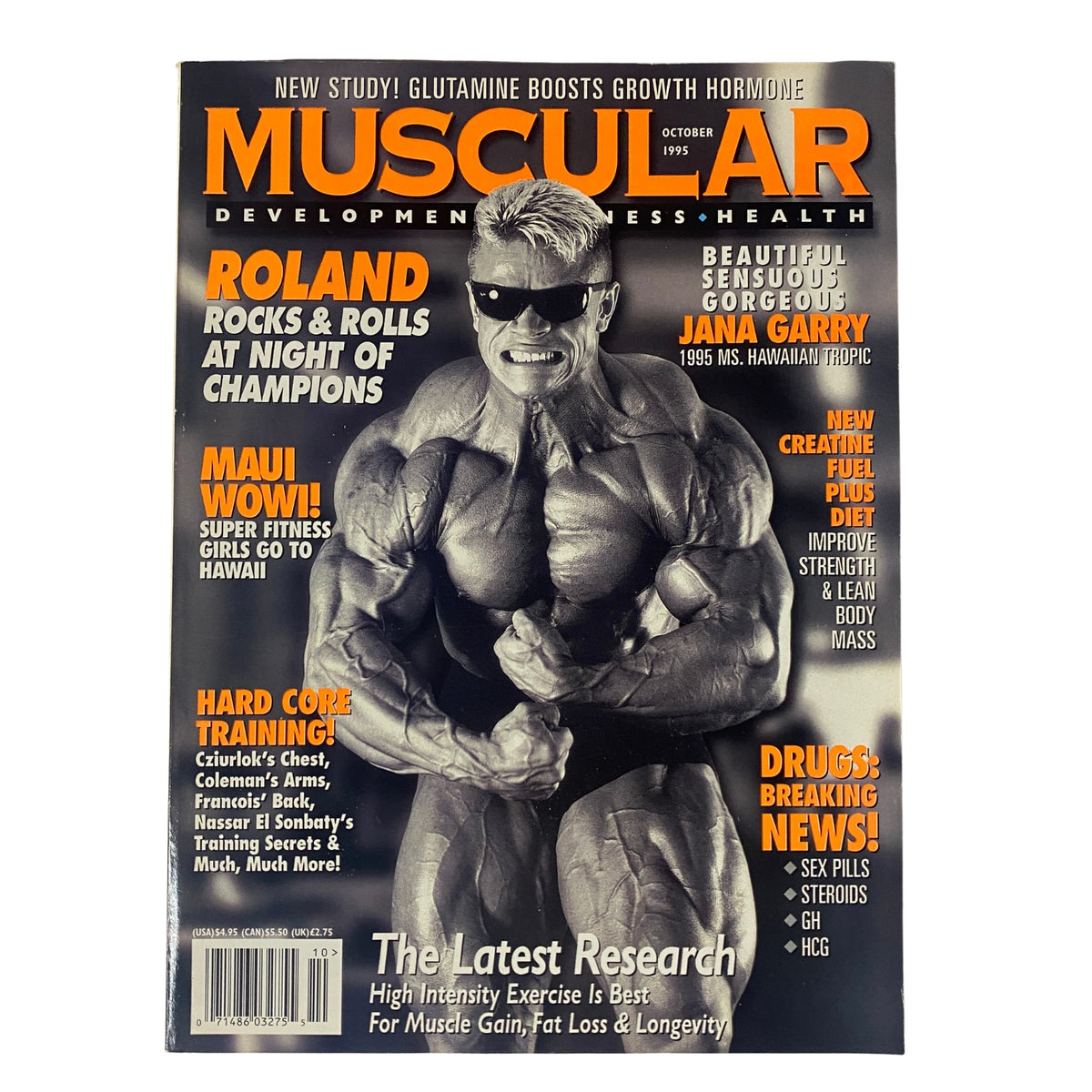 Muscular Development Magazine cover from October 1995 featuring Roland Cziurlock and Jana Garry. The cover highlights topics such as bodybuilding training, health, and nutrition, along with graphical elements showcasing muscular aesthetics and vintage bodybuilding culture.