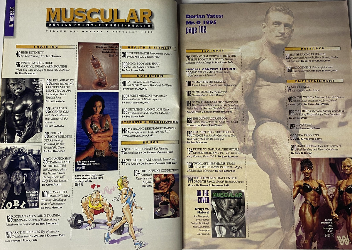 Inside page of Muscular Development Magazine February 1996, highlighting Dorian Yates as Mr. Olympia, with contents related to training, nutrition, and features on prominent bodybuilders of the 1990s.