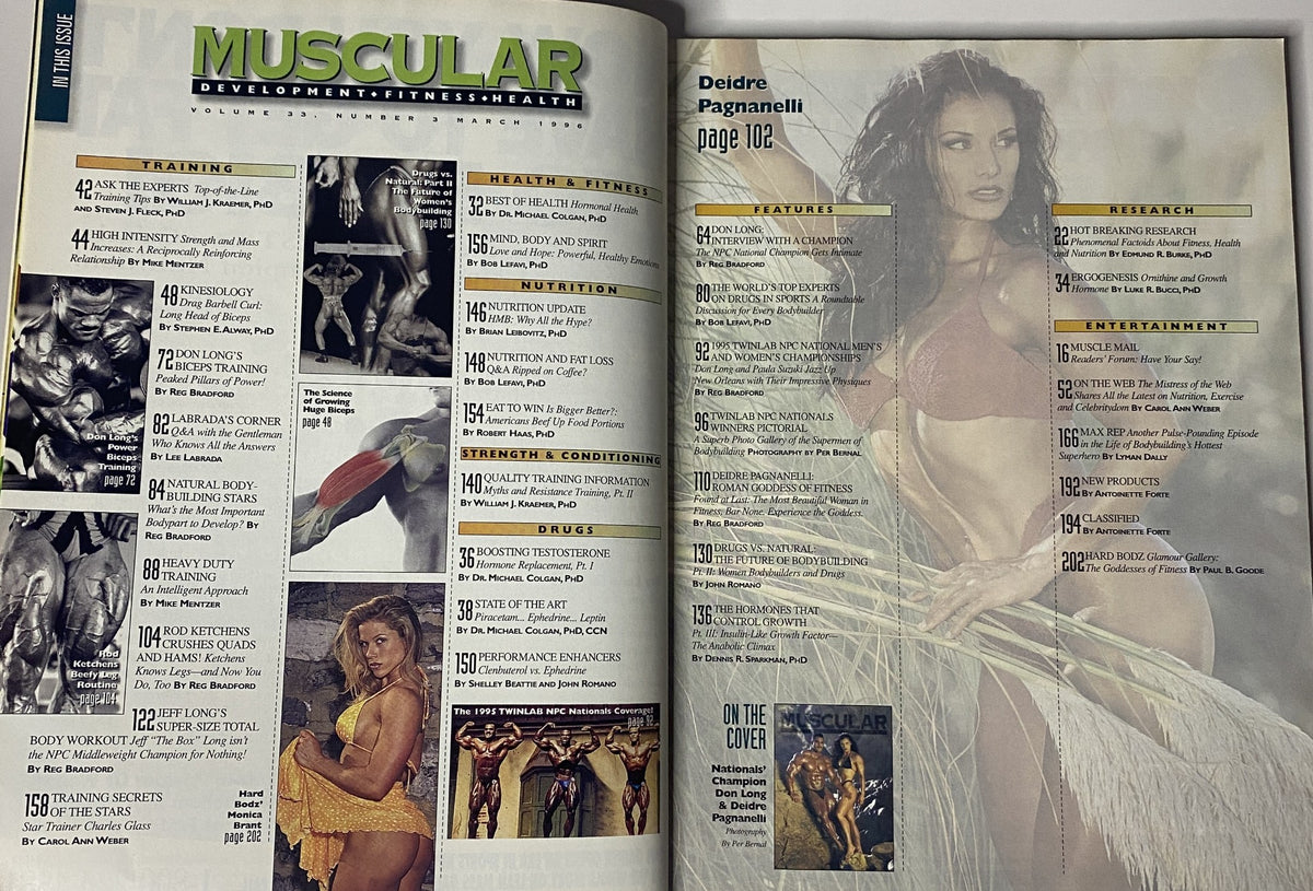 Interior pages of Muscular Development Magazine March 1996, highlighting Deidre Pagnanelli and the magazine's contents focused on fitness interviews and bodybuilding strategies.