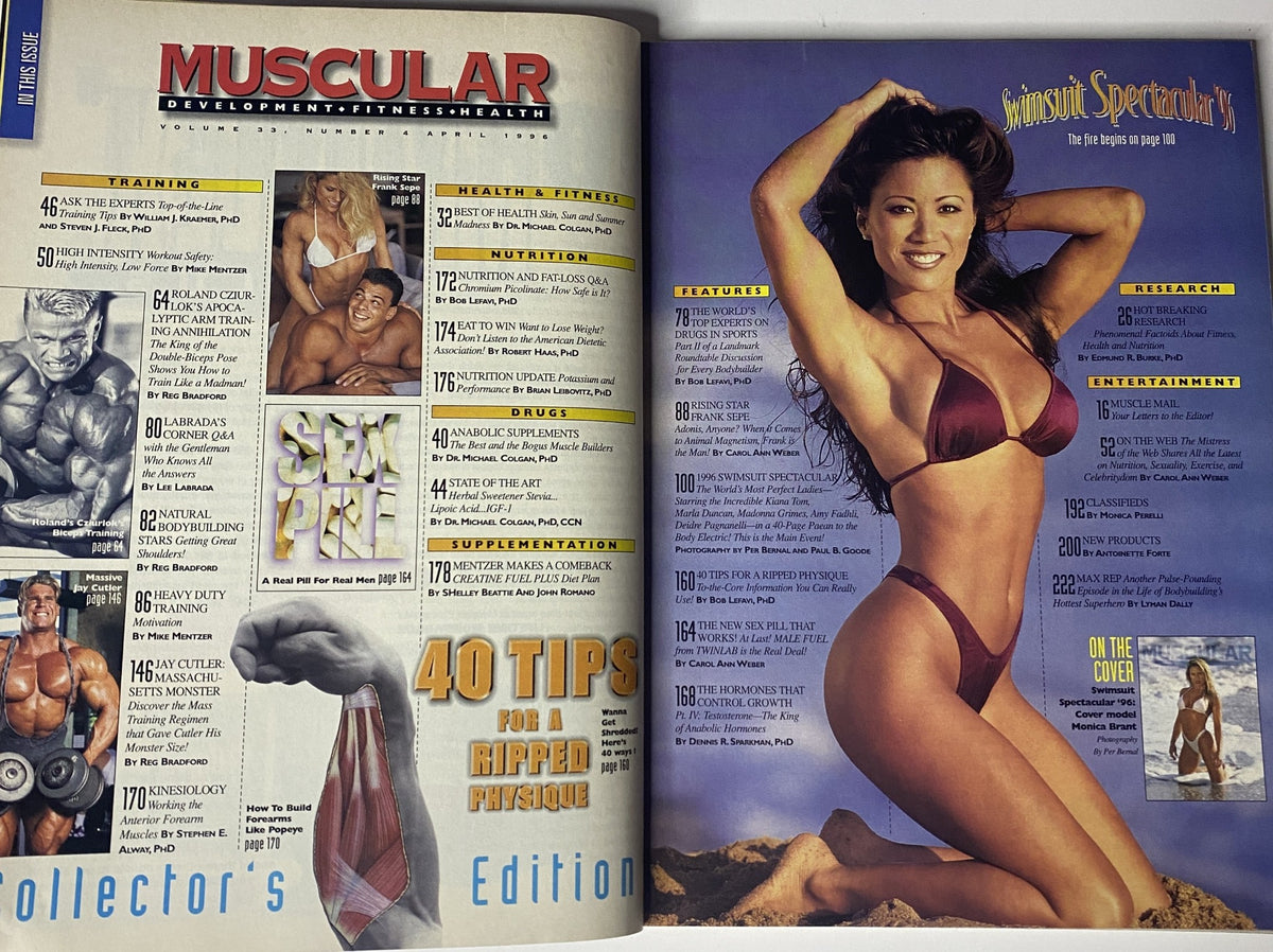 Inside pages of Muscular Development Magazine, April 1996, showcasing the Swimsuit Spectacular section with athletes, including a feature on fitness models and training tips for achieving a ripped physique.