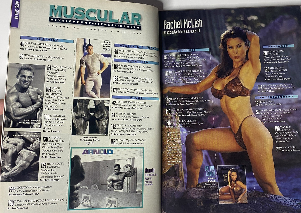 Inside spread of Muscular Development Magazine May 1996 showcasing Rachel McLish along with fitness training features and a tribute to Arnold Schwarzenegger.