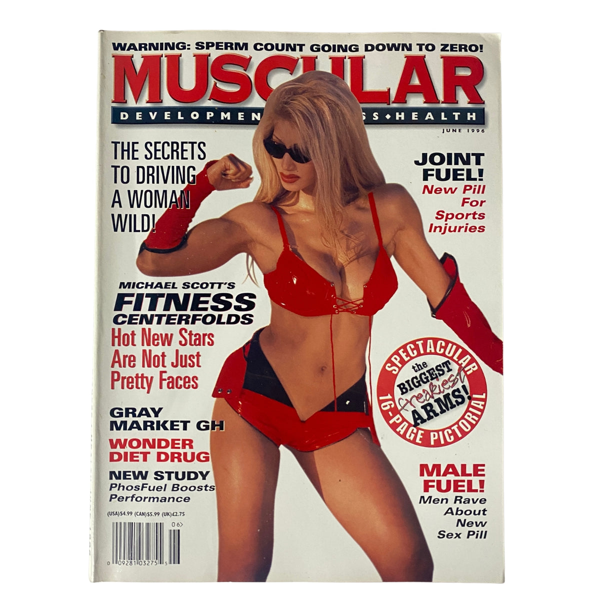 Cover of Muscular Development Magazine, June 1996, featuring Juliet Holleran in a striking red outfit, highlighting fitness and health content.