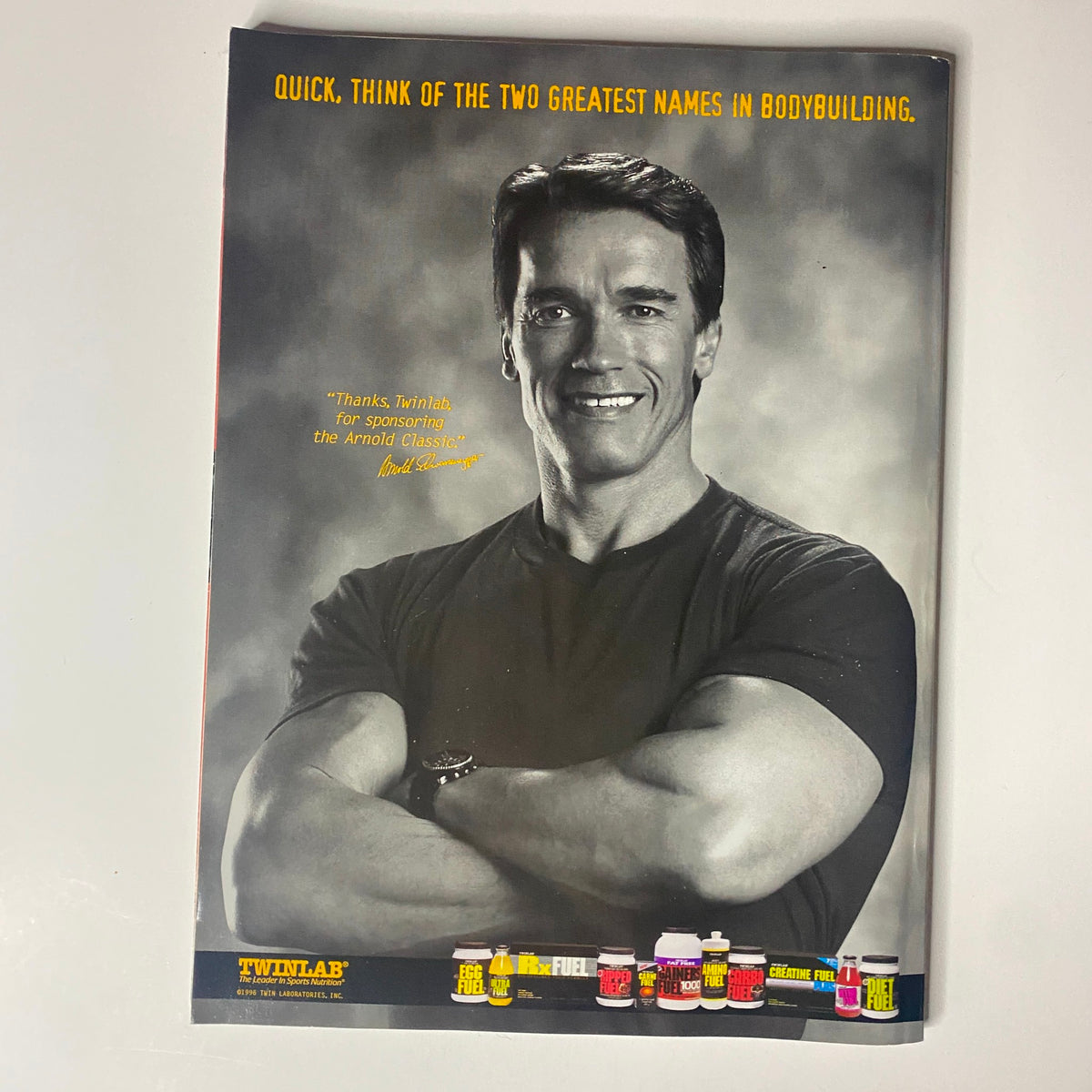 An advertisement page from Muscular Development Magazine August 1996 featuring Arnold Schwarzenegger promoting bodybuilding supplements from Twinlab.