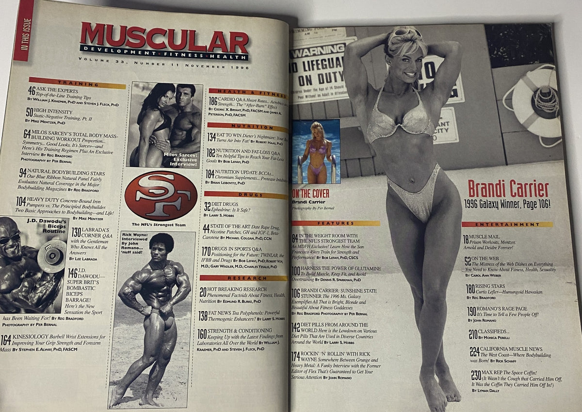 Interior page of Muscular Development Magazine November 1996 displaying an article on Brandi Carrier, 1996 Galaxy Winner, with fitness tips and images.