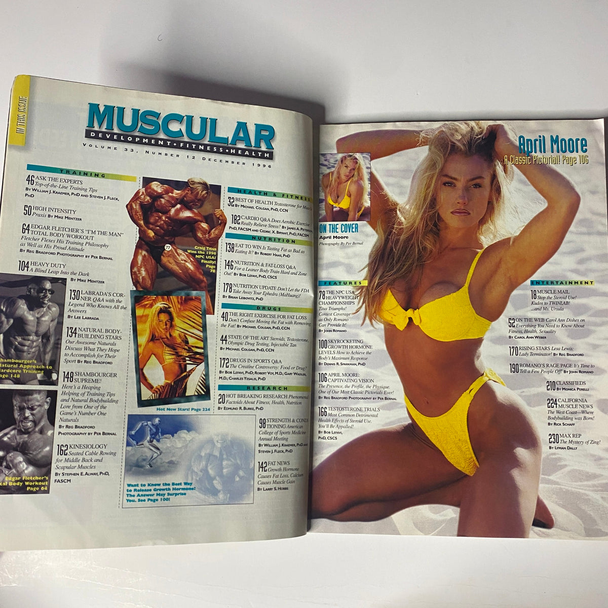 Inside page of Muscular Development Magazine December 1996 showcasing April Moore along with magazine content listings.