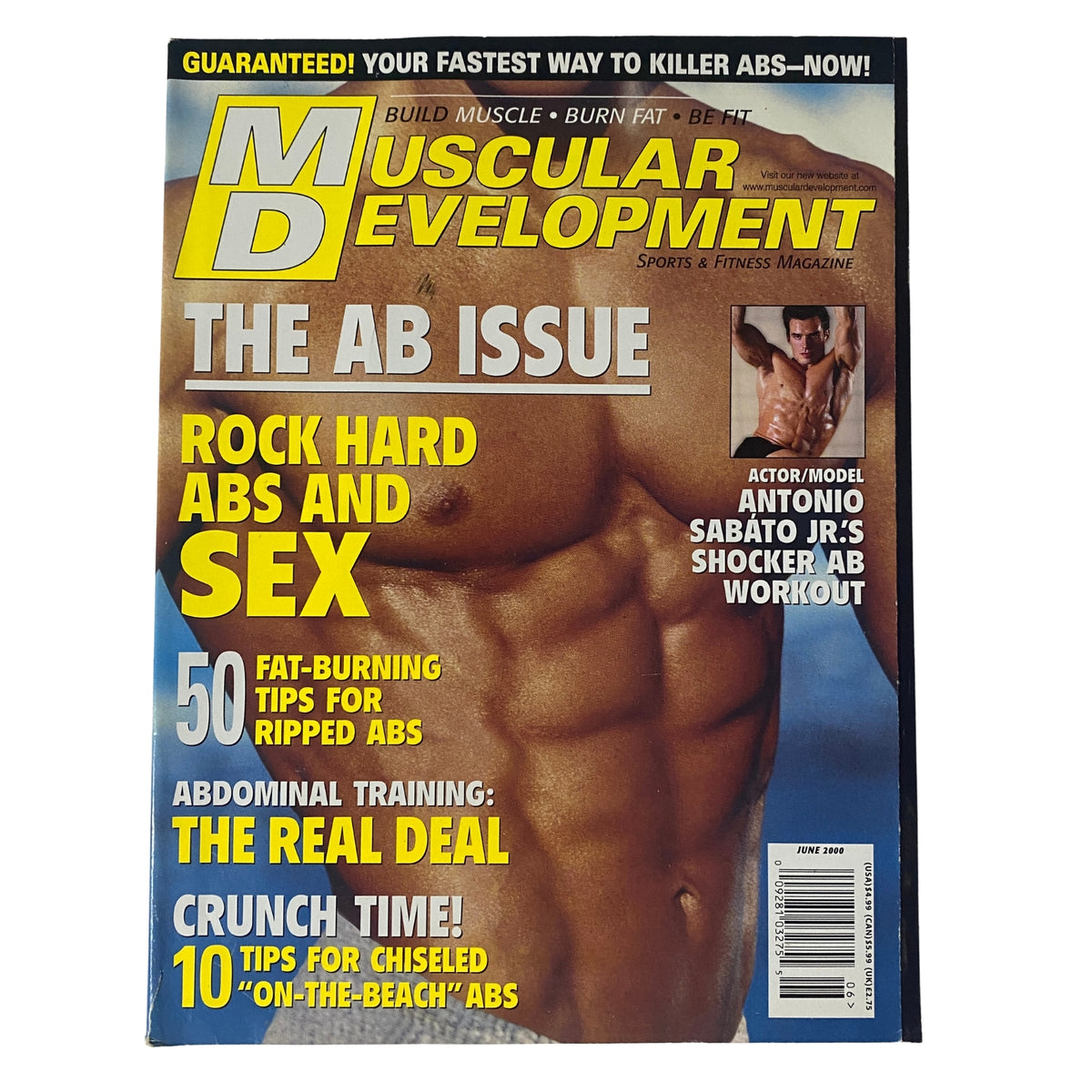 Cover of Muscular Development Magazine June 2000 featuring Antonio Sabàto Jr. with bold headlines about achieving rock hard abs and fat-burning tips.