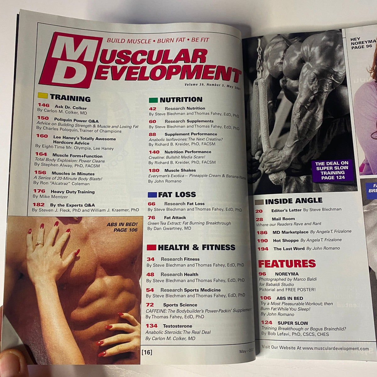 Table of contents from Muscular Development Magazine May 2001 showcasing sections on training, nutrition, and health alongside a visual of fitness photography. The magazine includes features such as 'ABS IN BED!' and 'INSIDE ANGLE'.