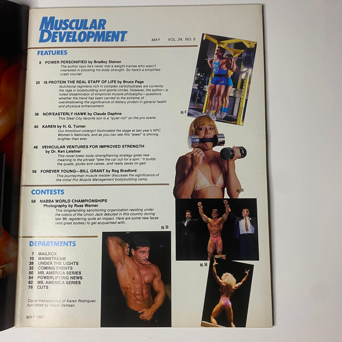 Inside page of Muscular Development Magazine May 1987 showing article titles and featured segments including 'Power Personified' by Bradley Steiner and 'Is Protein the Real Staff of Life?' by Bruce Page, along with photography of competitors.
